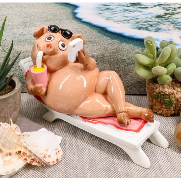 Beach Body Brody Pig Sunbathing While Slurping Sundae and Reading Book Figurine