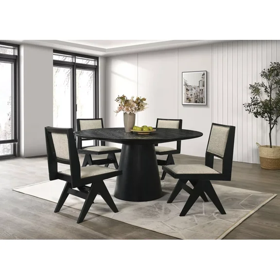 Contemporary Black Dining Room Furniture 59" Round Dining Table 4x Side Chairs Light Gray Upholstery 5pc Set