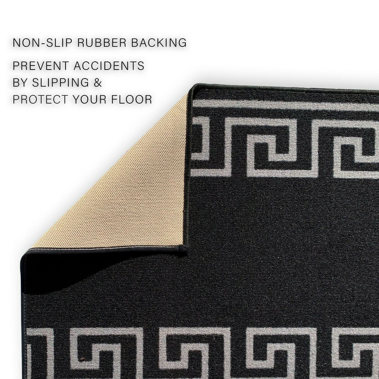 Runner Rug for Hallway Greek Key Print Design Black Silver Color 26 Inch or 31 Inch Wide by Your Length Choice Slip Resistant Rubber Backing Stain Resistant Pile Stair Runner
