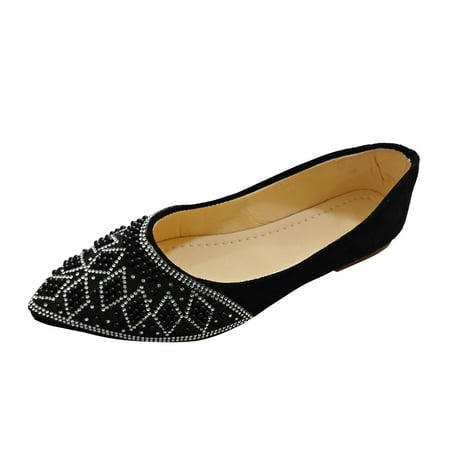 QYZEU Business Flats for Women Long Slip Women s Fashion Flat Solid Color Applique Diamonds Casual Shoes Lightweight Comfortable Shoes Dressy Flip Flops Black 42