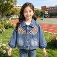 thumbnail image 5 of AVRNLIQ Girls Embroidered Blue Denim Jacket, Relaxed Lapel Jean Jacket with Frayed Pockets for Kids Kids Casual Outerwear,Size 2 T, 5 of 8