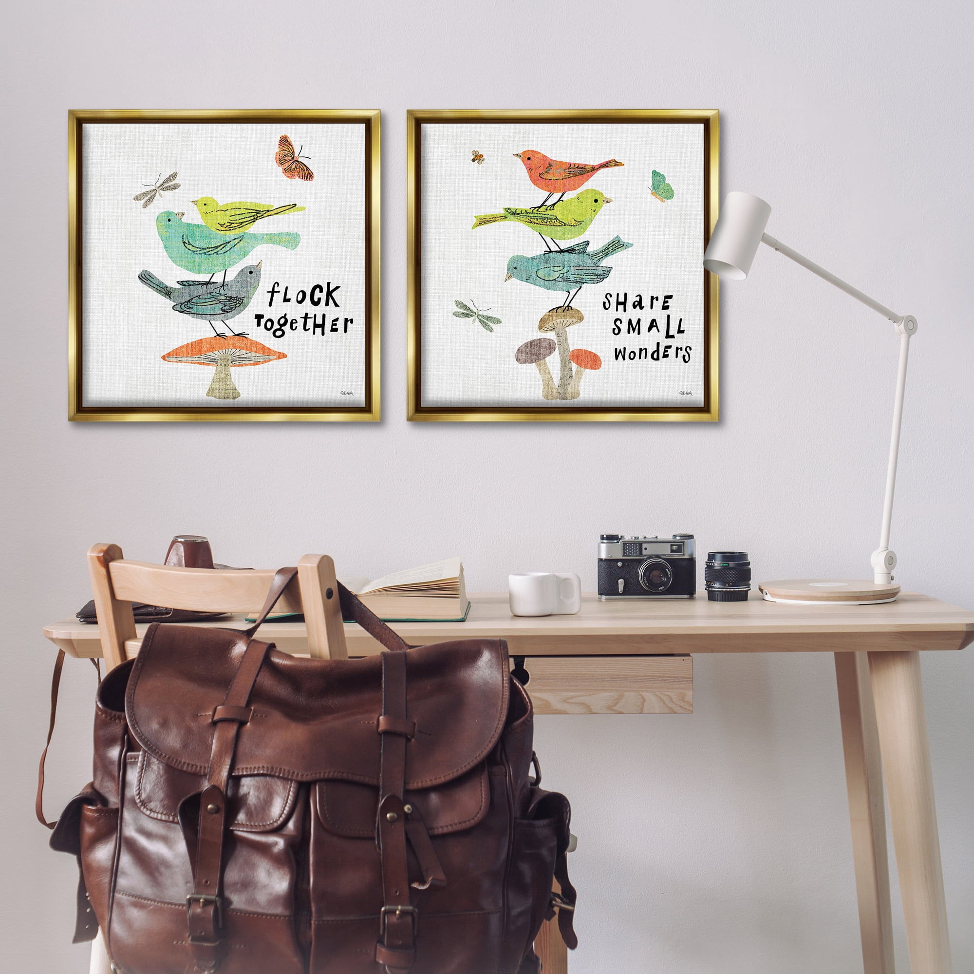 Stupell Industries Flock Together Share Birds Animals Painting Gold Floater Framed Canvas Art Print Wall Art, 25 x 25, Set of 2
