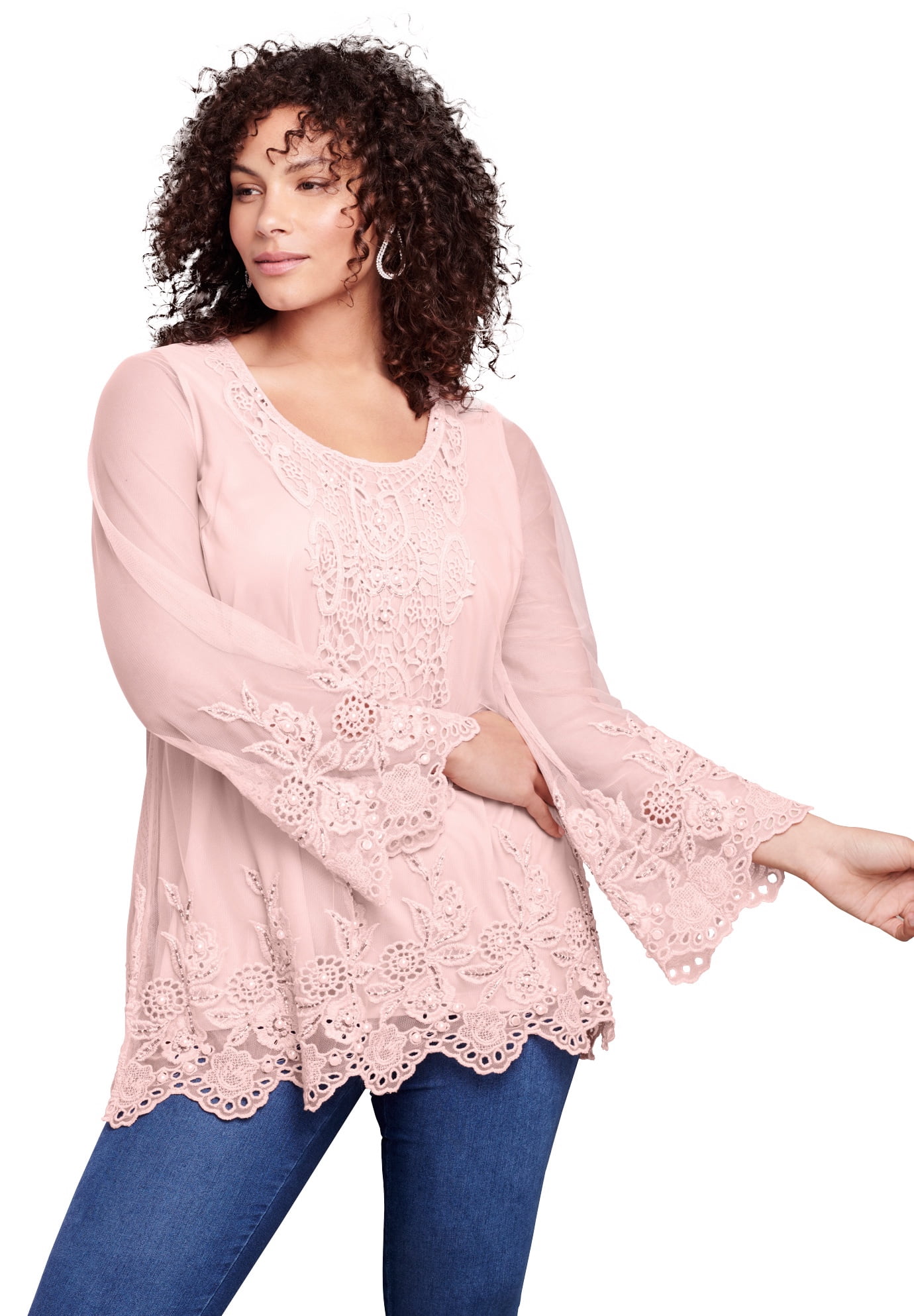 Roaman's Women's Plus Size Mesh Embellished Tunic Pearl Beaded Lace Long  Shirt Blouse - Walmart.com