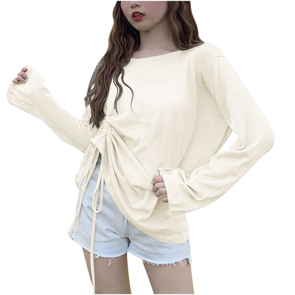 Shrugs for Women Women's Long Sleeve Workout Sheer Tops Side Drawstring Mesh Shirts Loose Running Yoga T-Shirt Swimsuit Cover up Trendy Clothes White XXL