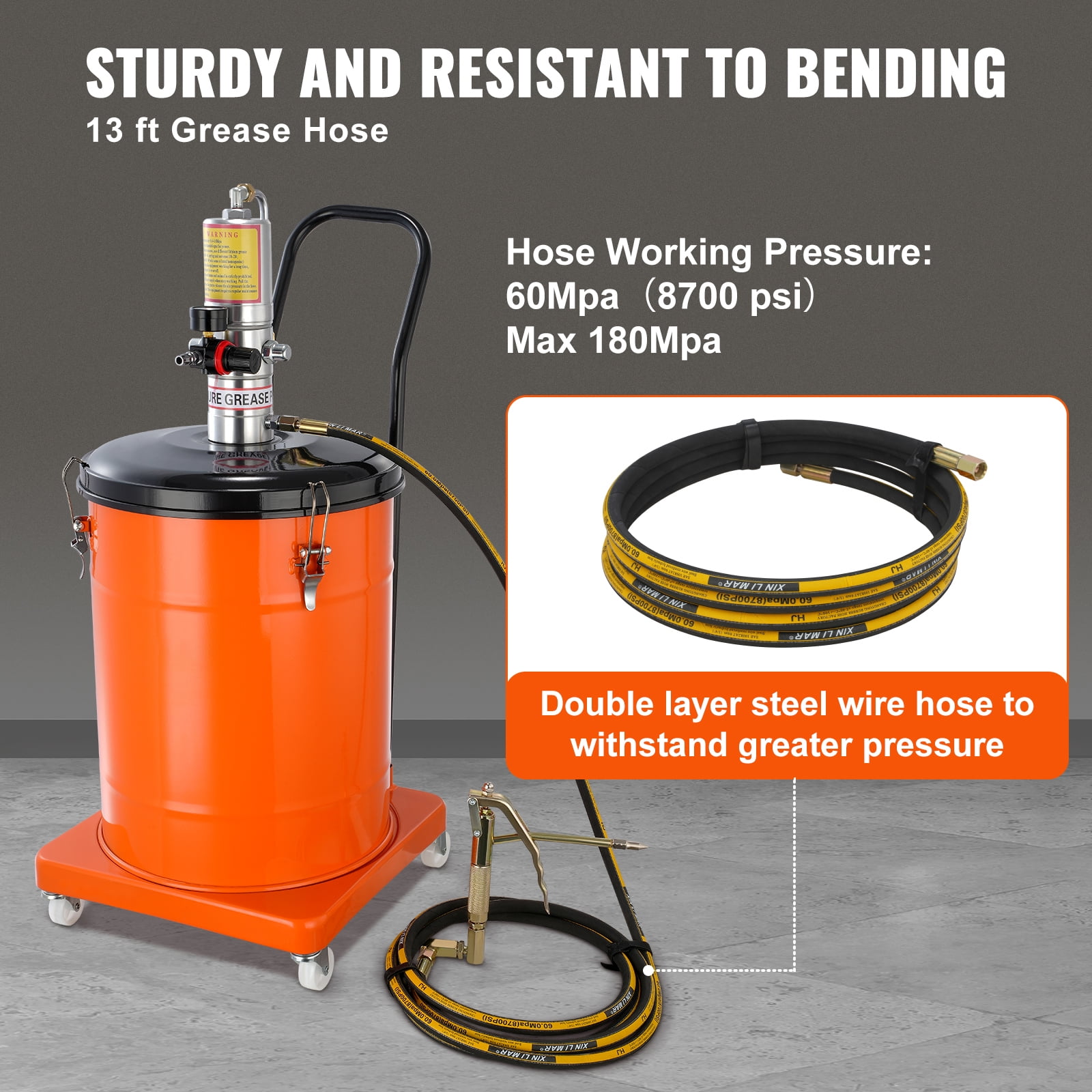 KFFKFF 10.5 Gallon 40L Air-Powered Grease Pump with 13 ft High-Pressure Hose and Grease Gun, Mobile Pneumatic Grease Bucket with Wheels, 50:1 Pressure Ratio for Efficient Lubrication