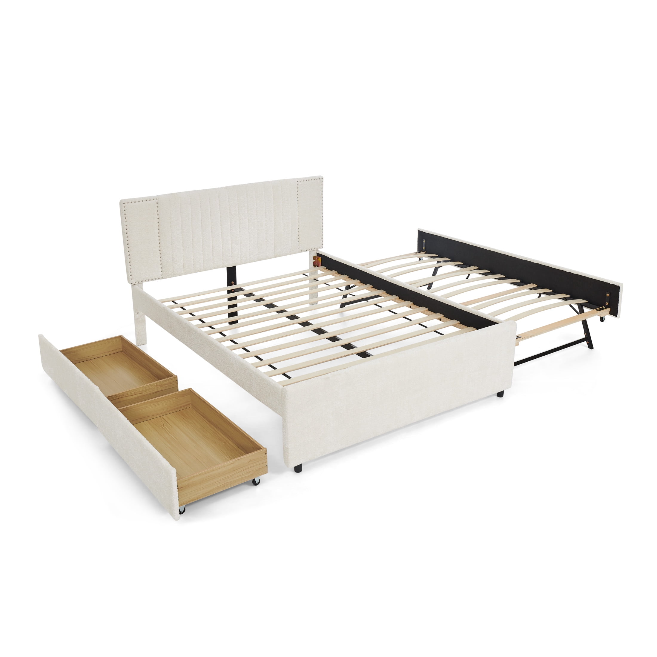 Noble House Luxen Queen Chenille Upholstered Bed, Vertical Tufted Daybed with Pull-out Trundle and Storage Drawers, Beige