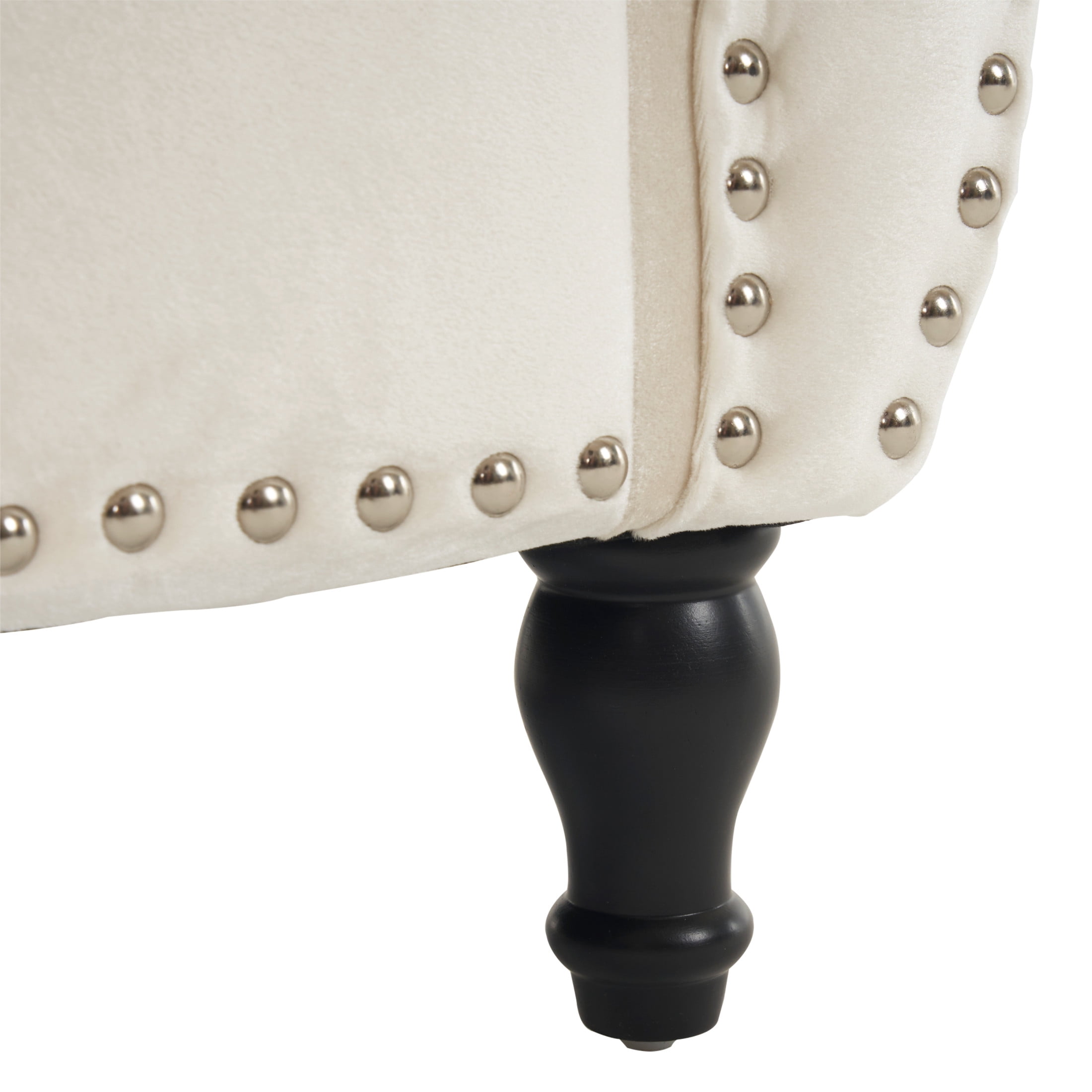 Elegant Beige Velvet Storage Ottoman with Nailhead Trim & Pillow