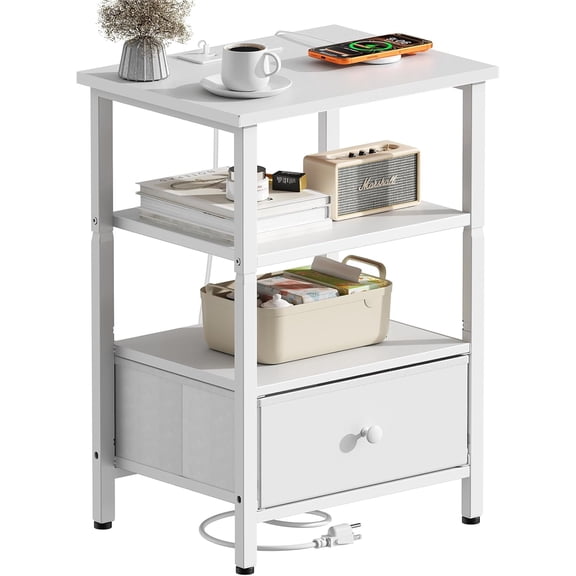 Side Table with Charging Station, Nightstand with Adjustable Fabric Drawer, Bedside Table for Bedrooms, Living Rooms & Home Decor (White)