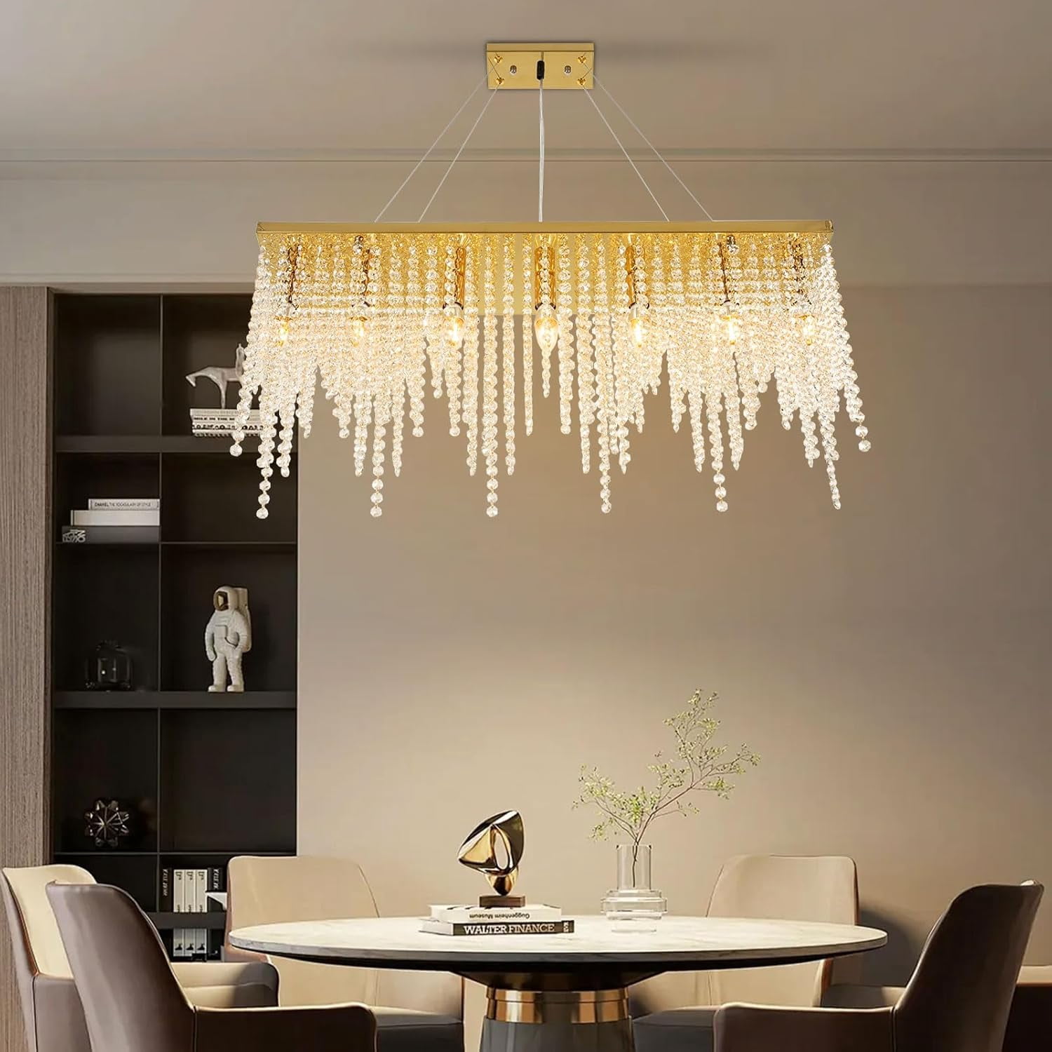 31.5" Linear Modern Crystal Chandelier Luxury Gold Rectangle K9 Crystal Raindrop Chandelier Contemporary 7-Light Ceiling Pendant Lighting for Living Room Kitchen Island Entryway Foyer