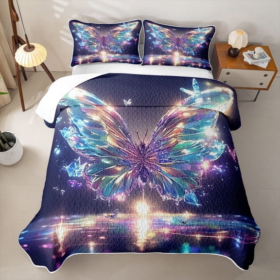 Homewish Dreamy Butterfly Twin Quilt Set for Girls, Princess Style Twin Coverlet Set, 2 Pieces 1 Bedspread and 1 Pillowcase