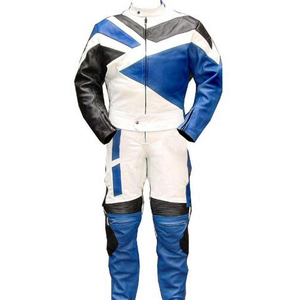 Perrini 2 PC Genuine Leather Motorbike Motorcycle Drag Racing Suit Blue