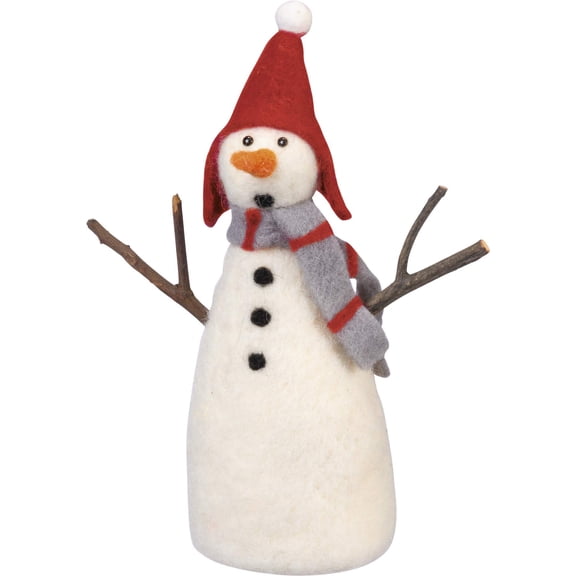 Surprised Snowman with Red Hat Scarf & Wooden Arms Felt Figurine 8.5 Inch
