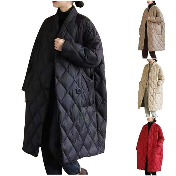 Qetyuw Womens Long Baggy Puffer Coat Quilted Warm Winter Coats Button Long Sleeve Casual Down Coat with Pockets