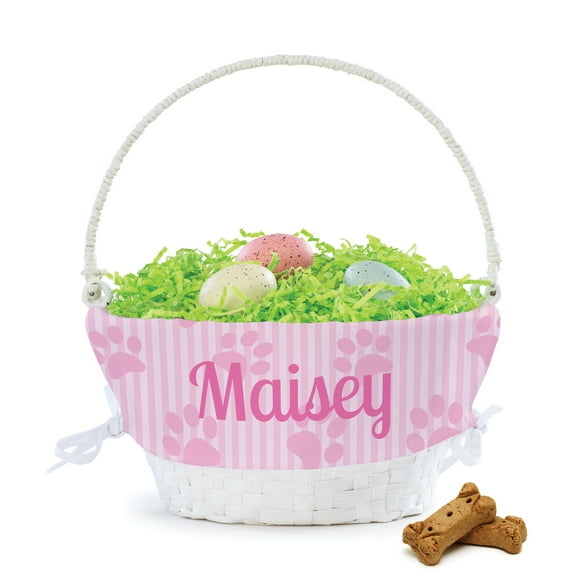 Personalized Pet Dog Easter Basket with Custom Name Printed on Pink Paw Print Themed Liner, Pink Letters
