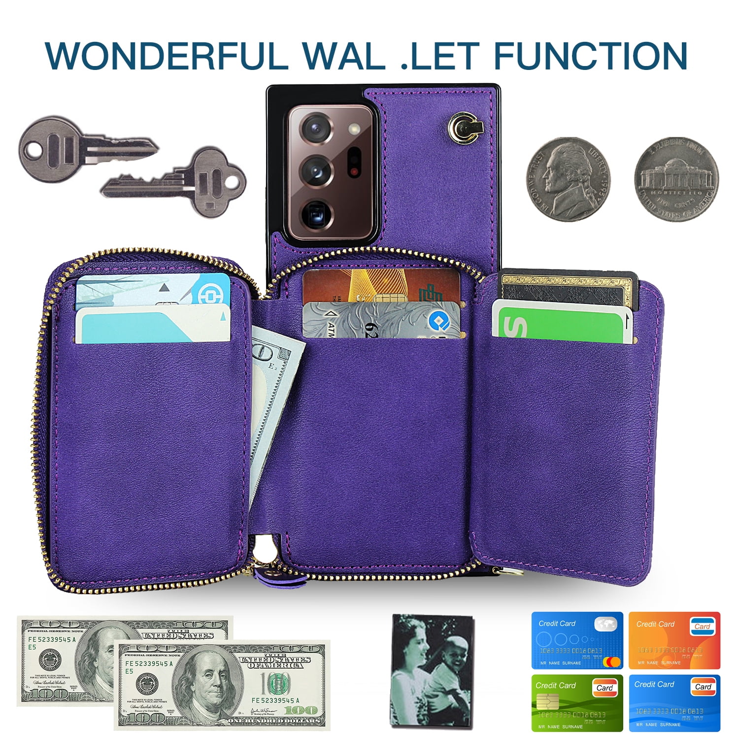 TECH CIRCLE For Galaxy Note 10+ Wallet Case,Card Holder Phone Case for Women, Zipper PU Leather Purse Kickstand Folio Flip Case with Crossbody Strap for Samsung Galaxy Note 10 Plus 5G 6.8” 2019,Purple