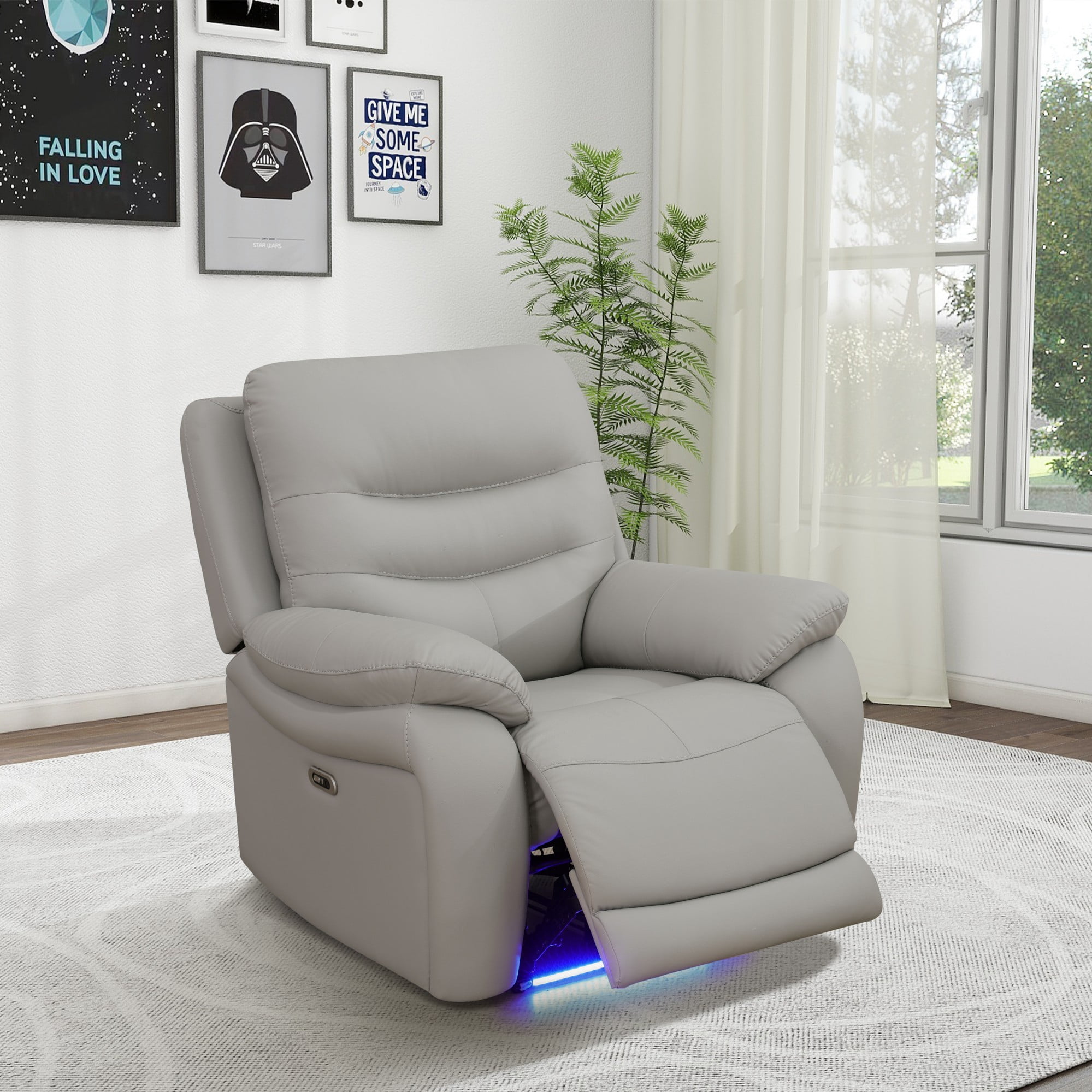 Gewnee Power Recliner Chair, Adjustable Reclining Lounge Chair with USB Ports, LED Lights, Air Leather Upholstered Single Sofa Recliner for Living Room, Office, Light Gray