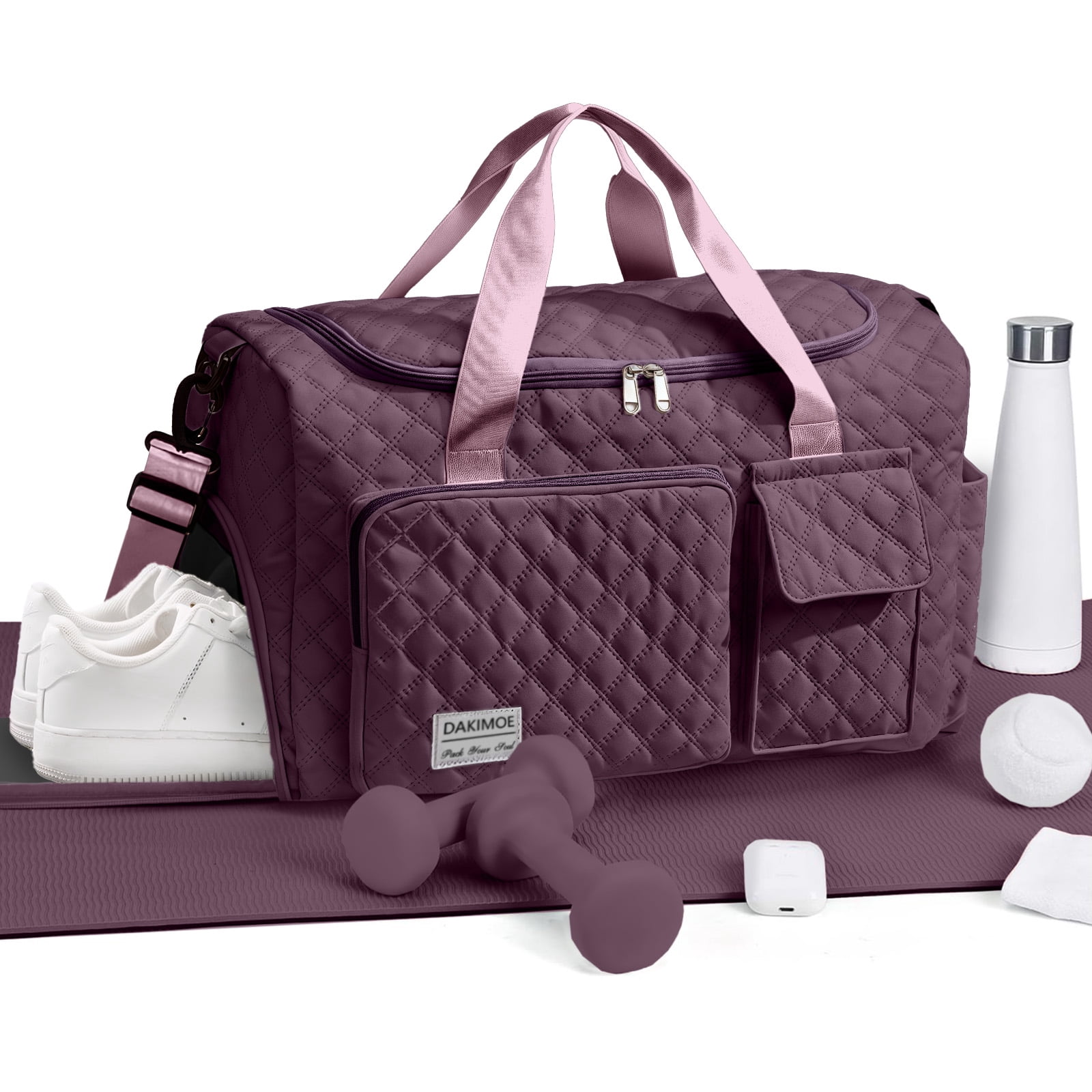 DAKIMOE Travel Duffle Bag for Women Large Weekender Bags Carry on Gym Duffel Bag with Wet Pocket/Shoe Compartment Waterproof Overnight Tote for Plane Hospital Sports Yoga Business Trips, Dried Rose