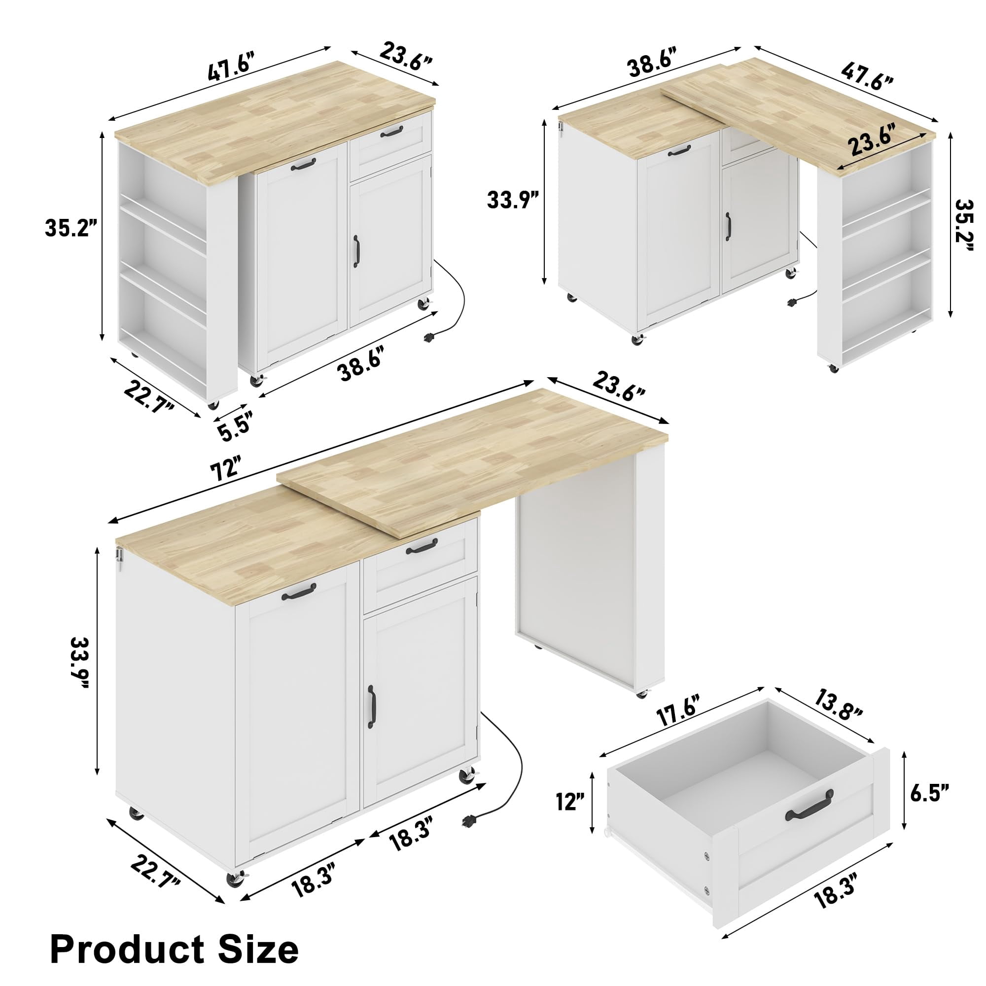 Rolling Kitchen Island with 360° Rotating Extendable Dining Table, 72" Large Island Table with Power Outlet & 7-Tier Spice Racks & Trash Can Storage, Cord Management Hooks
