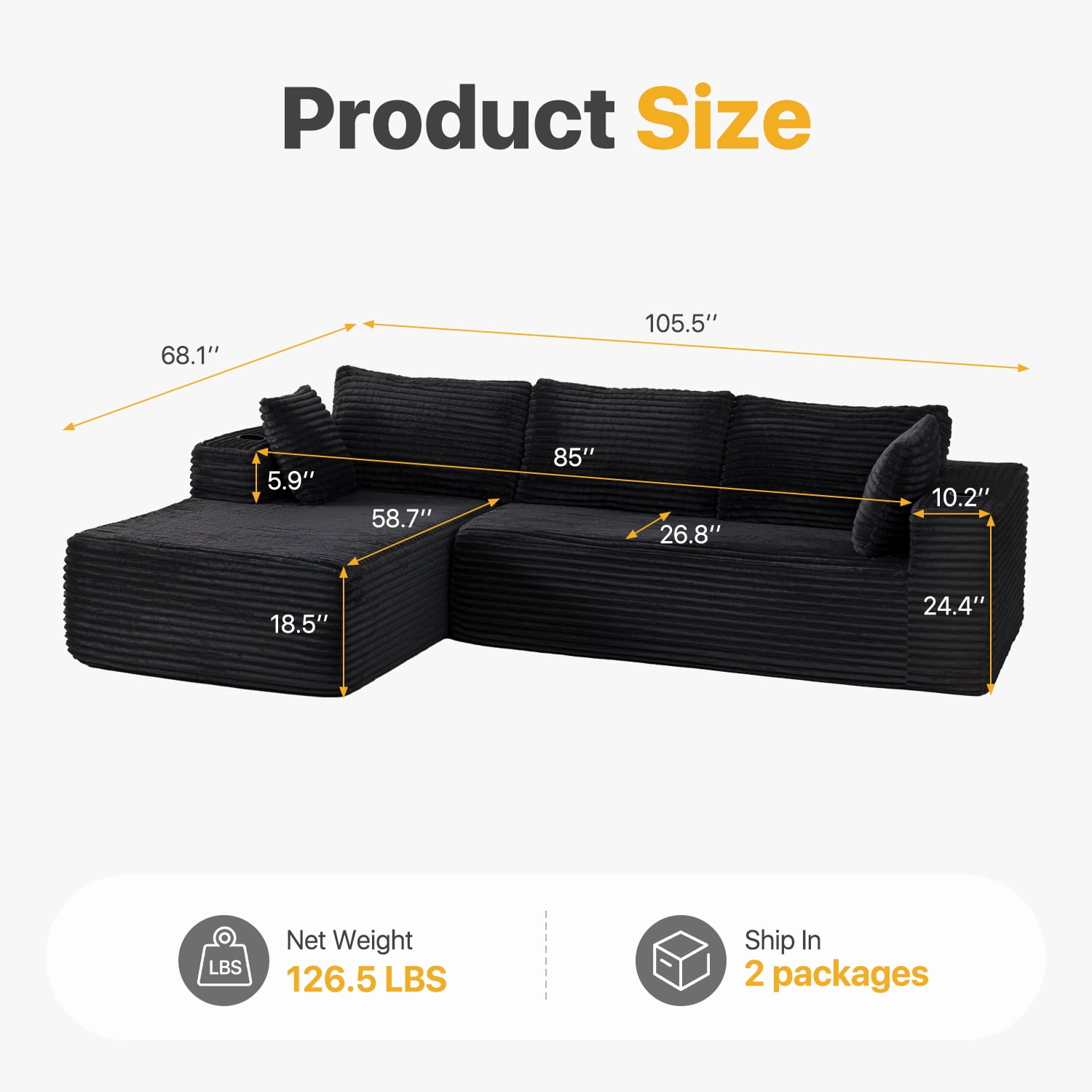 BaPiPro 105.5" L-Shaped Boneless Corduroy Cloud Sofa, Deep Chaise w/ Cup Holders & Wide Arms, Detachable Washable Cover, No Assembly Floor Couch for Living Room & Apt, Black