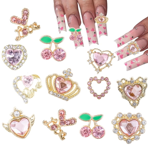 Colgantes para uñas GUAACCB, 12 unidades, aleación de corazones rosas con gemas, 12 unidades