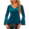 thumbnail image 1 of INSPIRAR CHIC Blusa de terciopelo de Navidad para mujeres, escote en V, fiesta de Halloween, top peplum de manga larga acampanada M color azul pavo real, 1 of 6