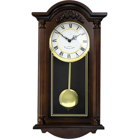 Traditional Wall Clock with Swinging Pendulum, Chestnut Wood Finish, Roman Numeral Dial and Automatic Night Silence