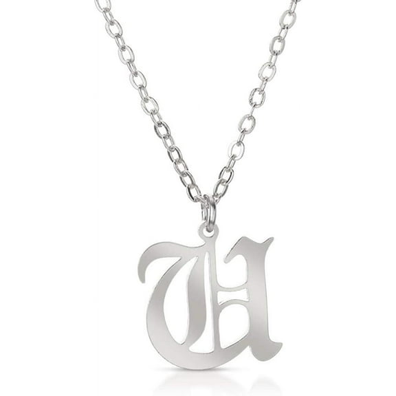 Giorgio Bergamo Stainless Steel White Gold Plated Gothic, Old English Intial A - Z Letter Pendant Mens Womens Necklace, Silver, U