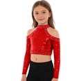 thumbnail image 5 of iiniim Girls Sequin Rhinestones Crop Top Cold Shoulder Long Sleeve Sparkle Tee Hip Hop Jazz Dance Shirt Red 16, 5 of 7