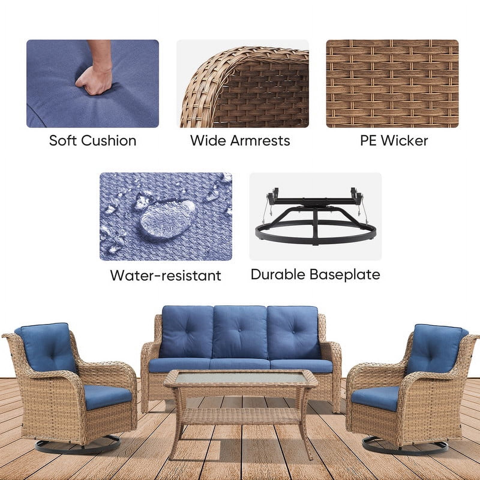 PARKWELL 4 Pieces Outdoor Patio Furniture Set Wicker Rattan Swivel Glider Chairs Cushioned Sofa Coffee Table All-Weather Conversation Sectional with Anti-Slip Cushions for Balcony