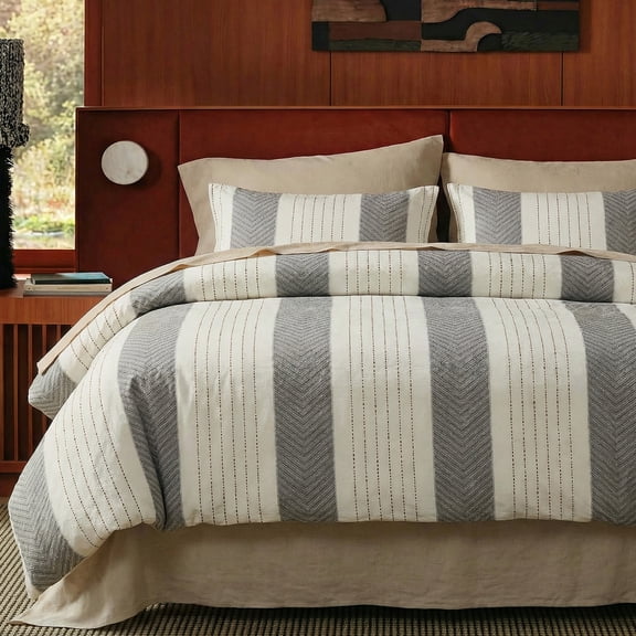 100% Cotton Tufted Duvet Cover Set , Grey and White Striped Duvet Cover, Soft Breathable Comforter Cover with Zipper Closure, Modern Minimalist Bedding Set