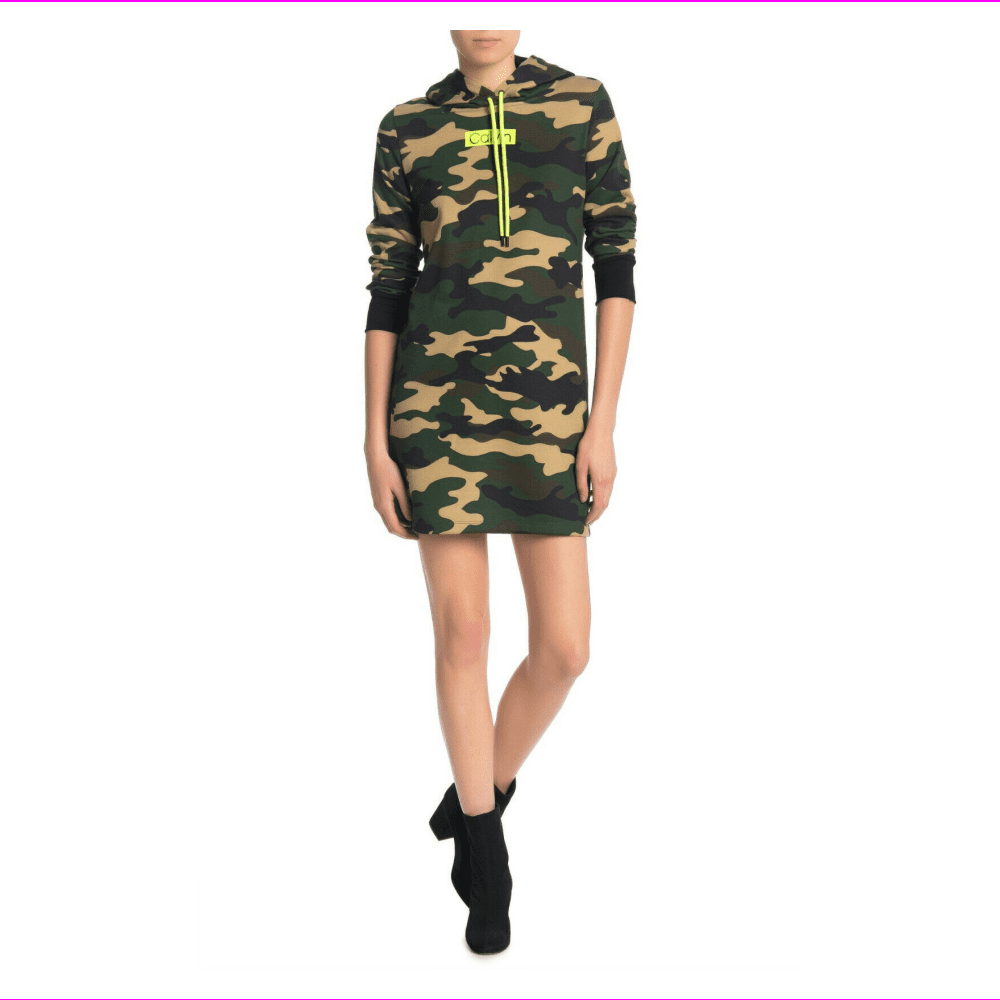 Calvin Klein Camo Printed Hoodie Sweater Dress, Olive Multi, L