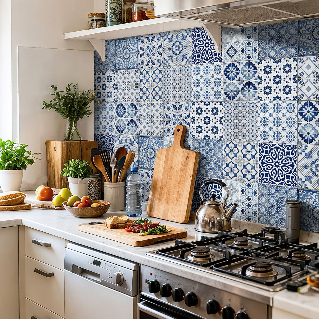 24Piece Self Adhesive Tile Sticker Peel and Stick Backsplash 7.87" x 7.87" DIY Decor Blue Gray Flowers Wall Stickers Waterproof Vinyl Decals
