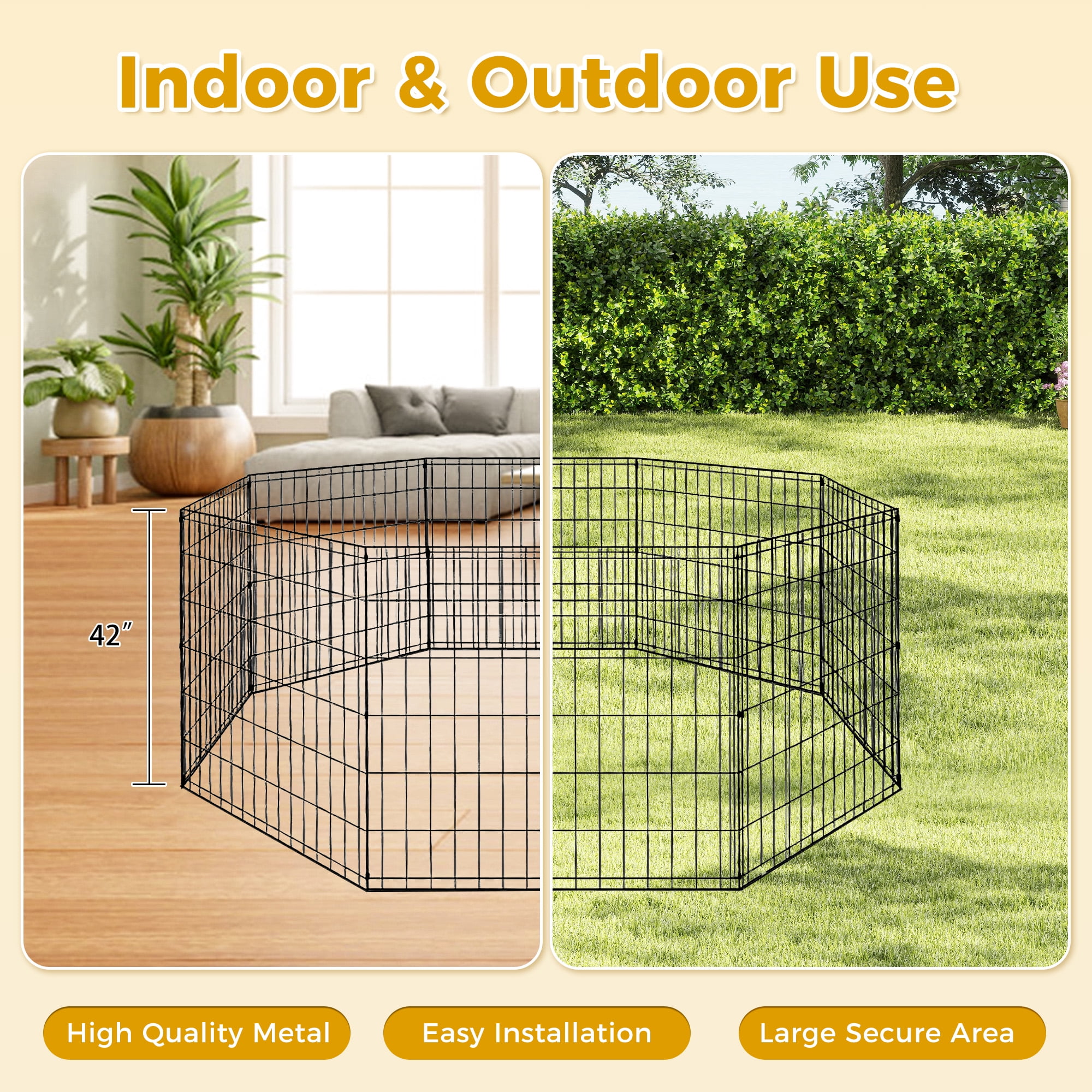 PEQULTI 42" Metal Dog Playpen 8-Panel (42" x 24") Foldable Pet Fence No Door for Indoor & Outdoor Use