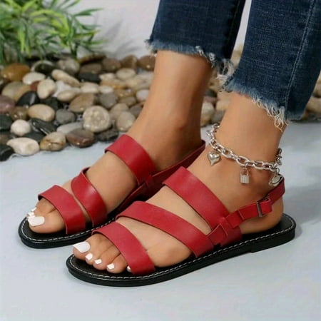 

Women s Solid Color Open Round Toe Ankle Strap Shoes Roman Flat Sandals Casual Beach Sandals