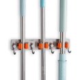 thumbnail image 1 of Multi-Function Wall-Mounted Broom Holder, Self-Adhesive Mop Broom Holder, 304 Brushed Stainless Steel, for Hanging Tools, 3 Slots and 4 Hooks, 1 of 4