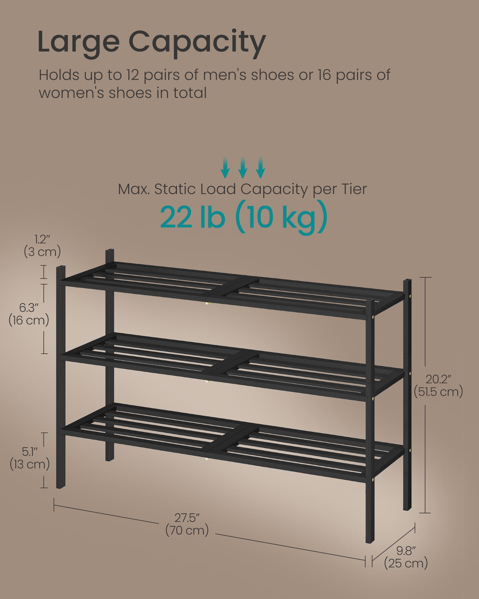 SONGMICS Bamboo Shoe Rack for Closet, Stackable Shoe Oragnizer, Space-Saving Freestanding Shelf, 3-Tier, Holds 12-16 Pairs, Ink Black