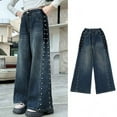 thumbnail image 5 of Ruyang Girls Flare Denim Pants with Pearl Elastic High Waist Baggy Elastic Wide Leg Jeans Cute Fashion Denim Trousers, 5 of 9