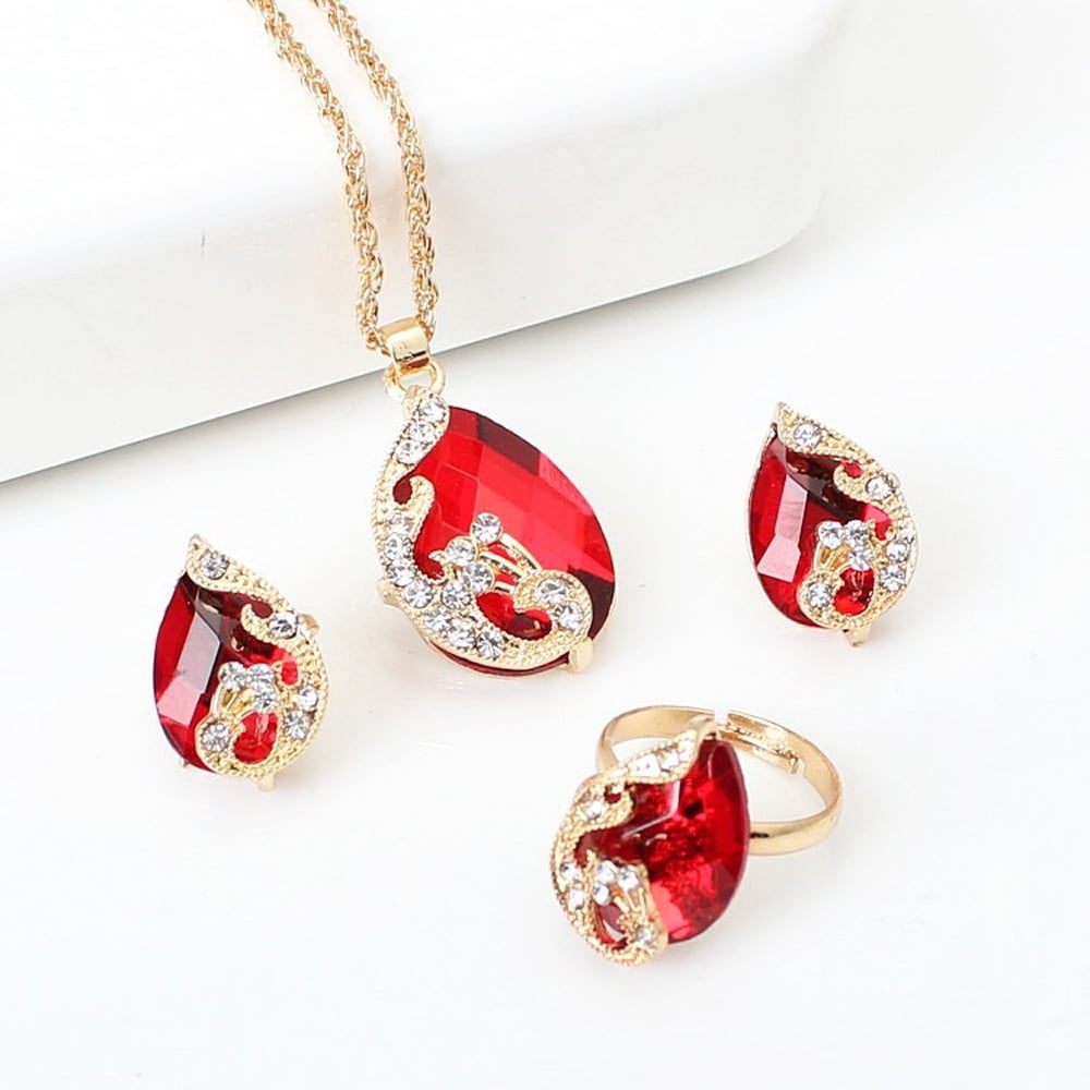 xiangDd Peacock Crystal Set Earrings+Pendant Necklace+Adjustable Rings  Jewelry Sets