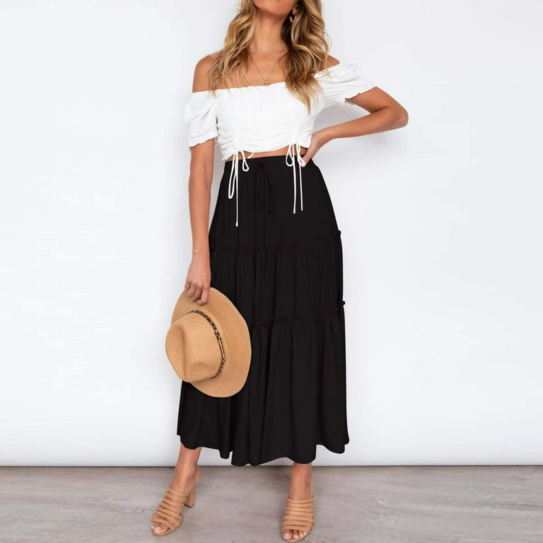 VUPSGEZ Simple Foldover Stretch Flared Knee Length Skirt
