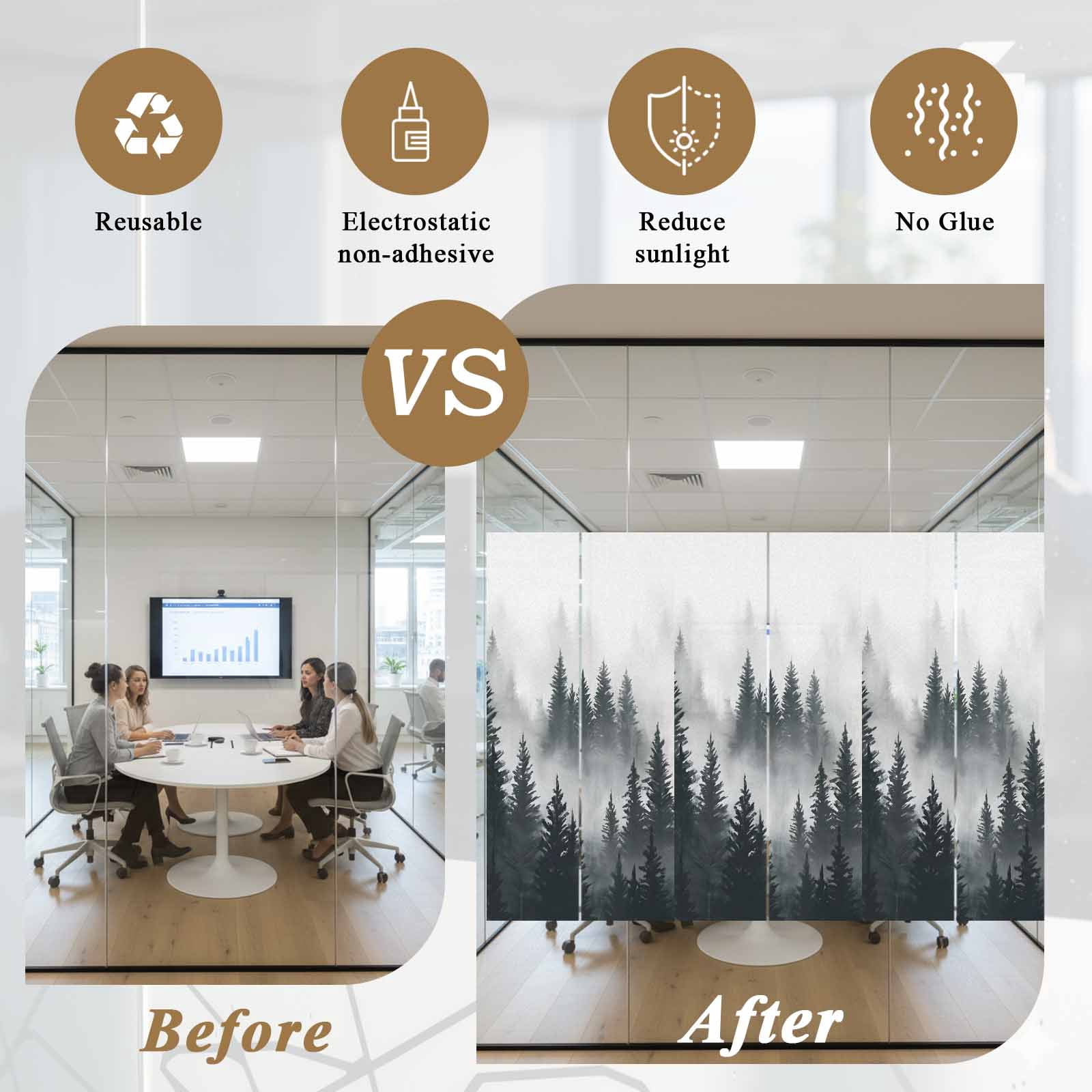 Black Forest Window Privacy Film, Misty Pine Trees Foggy Black Trees Frosted Glass Window Clings Static Cling UV Heat Blocking Reusable Door Sticker for Bathroom 23.6 x 59 Inch