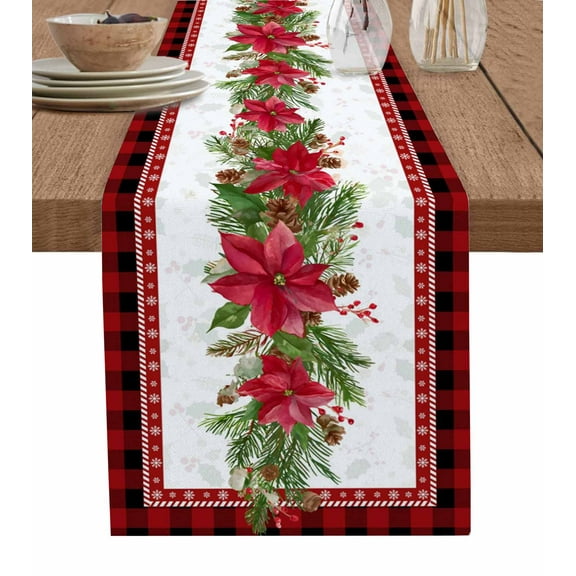 Christmas Poinsettia Table Runner 48 Inches, Xmas Botanical Pine Cones Red Plaid Bed Runner Dresser Scarves Tabletop for Indoor Outdoor Parties/Ceremony/Banquet, 13" x 48"