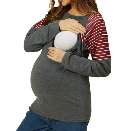 

FOREVER Pregnant Women Colorblock Casual Long Sleeve T-shirt Breastfeeding Nursing Crew Neck Biasic Tee Top