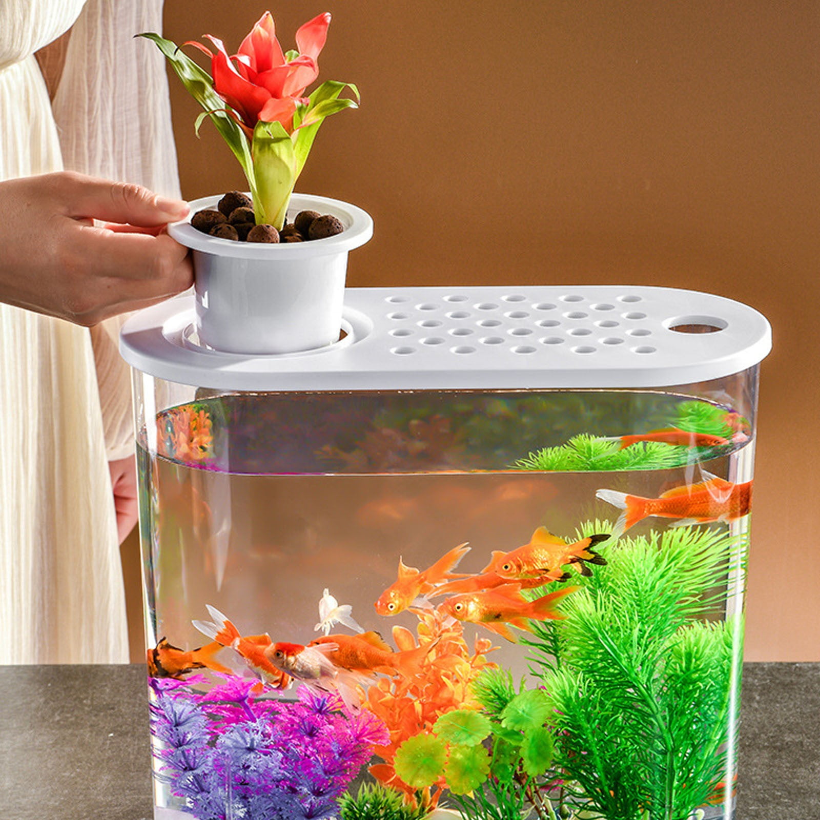 Transparent Desktop Fish Aquarium, Multi-Functional Tabletop Fish Turtle Tank with Built-in Storage Compartment for Home Office Decor, Mini Eco Fish Bowl, Small Pet Habitat & Hydroponic Planting