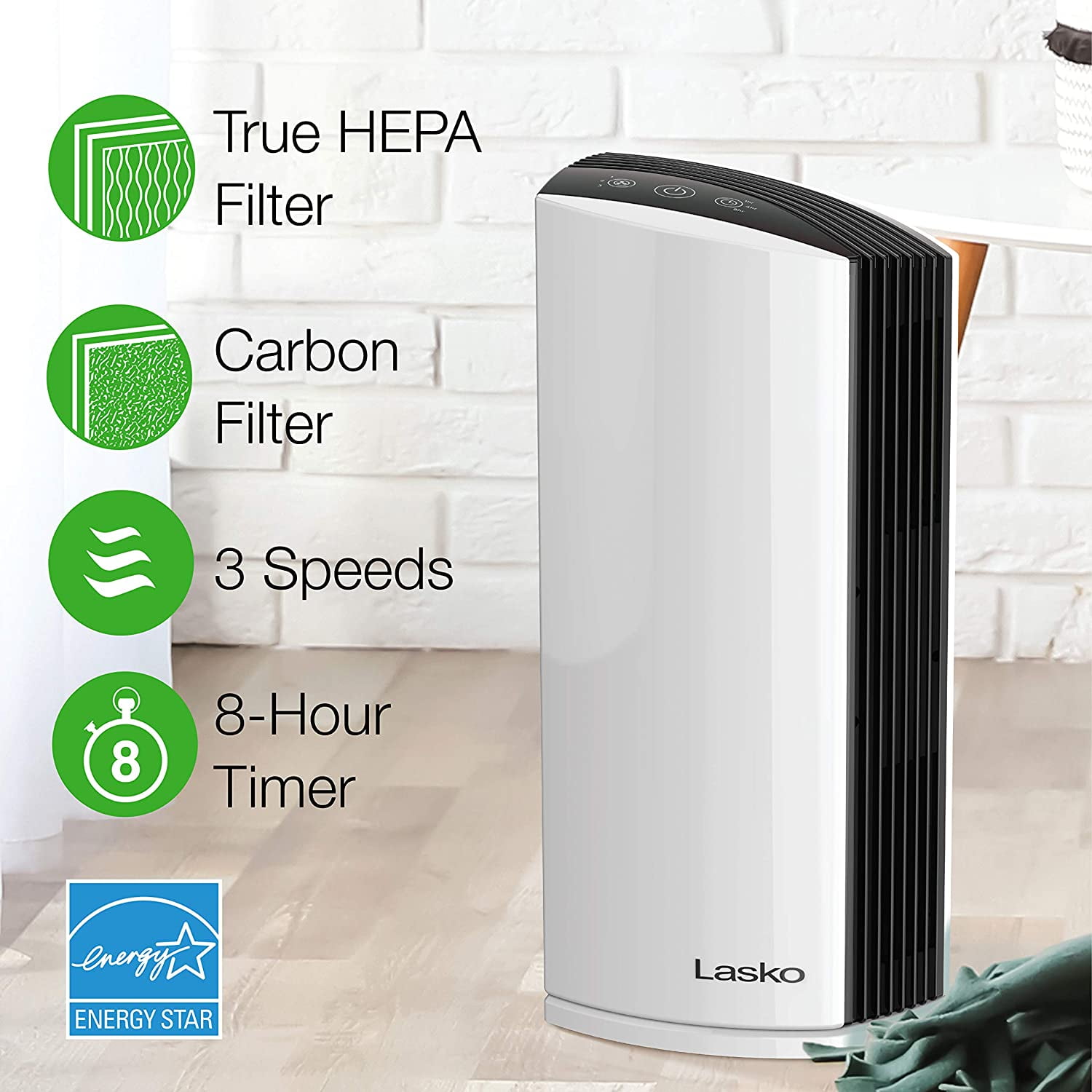 LP300 HEPA Tower Air Purifier with Timer for a Cleaner, Fresher - 2-Stage Filtration Removes Smoke, Odors, Pet Dander, Virus Sized Particles, Pollen, Dust, 21.6" x 7.3" x 10.3", Whi