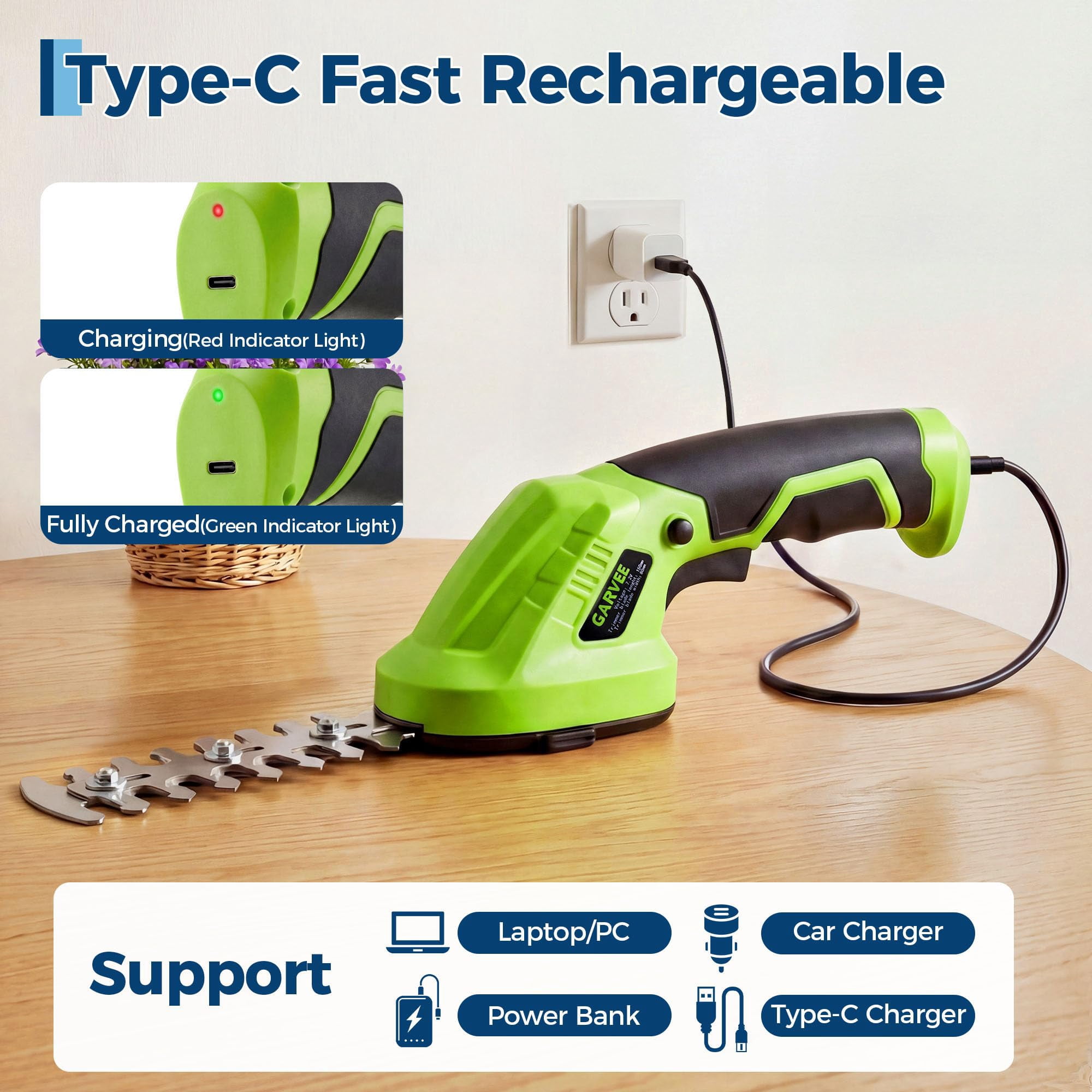 Cordless Grass Shears & Hedge Trimmer 2-in-1 – 7.2V Rechargeable Handheld Garden Trimmer with Type-C Charging, Lightweight Electric Grass Shear & Shrub Trimmer for Lawn, Yard & Garden