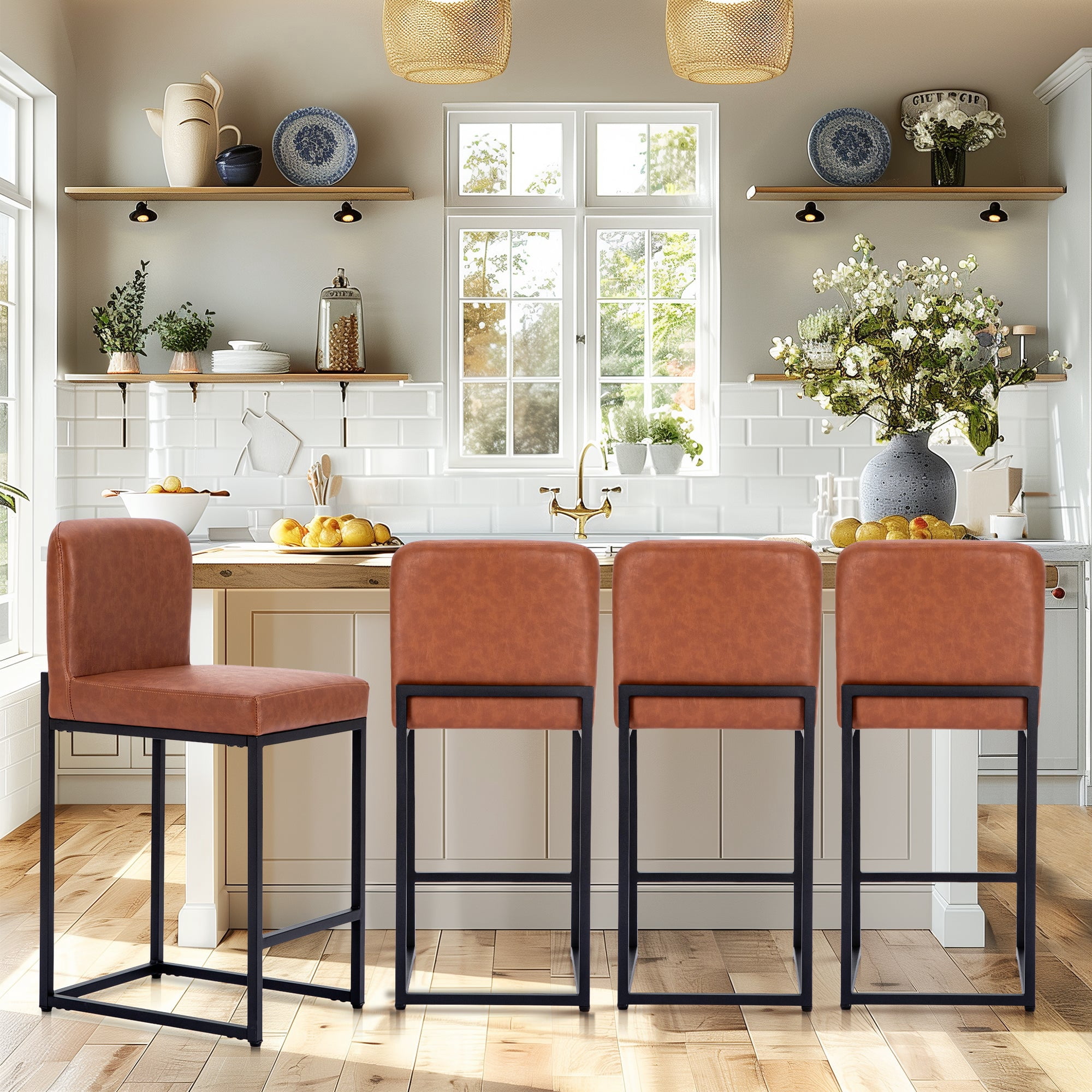 Sophia & William 24.6" Bar Stools Set of 4 PU Leather Counter Height Bar Stools with Back Modern Counter Height Chair for Kitchen Island, Brown