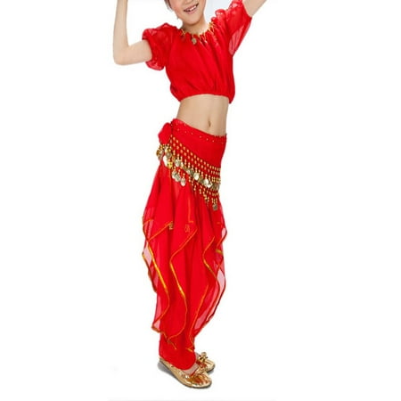 - BellyLady Kid Belly Dance Halloween Costume, Harem Pants & Short Sleeve Top Set-Red-M
