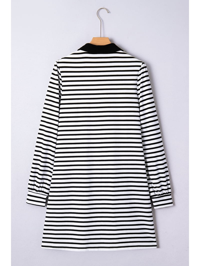 ZhiHiMeRi Women's White Striped Long Sleeve T-Shirt Dress with Pockets | XL