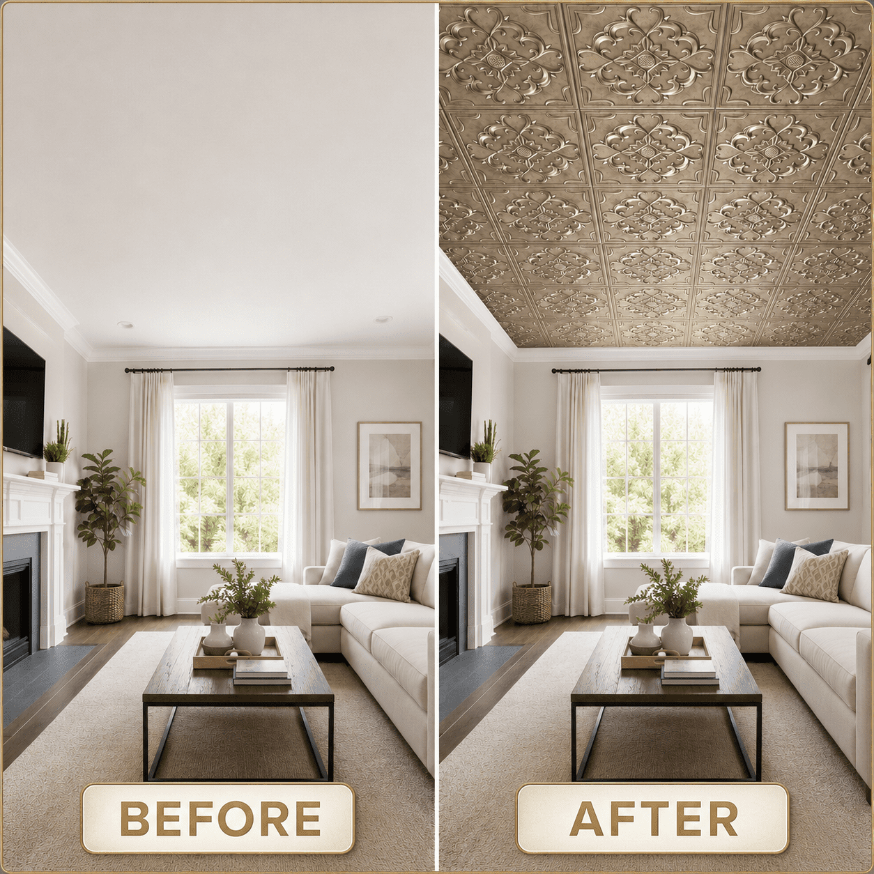 Yeslife 12-Pack 2 ft x 2 ft PVC Drop Ceiling Tiles, Vintage 3D Embossed Decorative Panels, Waterproof, Glue-up, Antique Gold, 48 sq ft