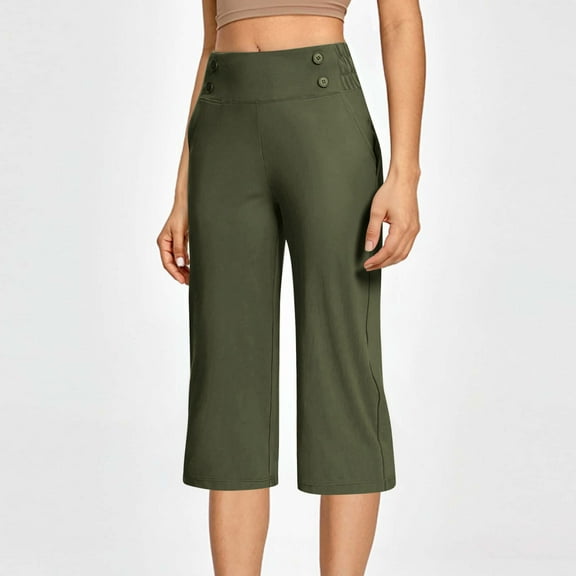 HongQid Cropped Casual Pants for Women High Waisted Pull On Shorts with Pockets Summer Stretch Loose